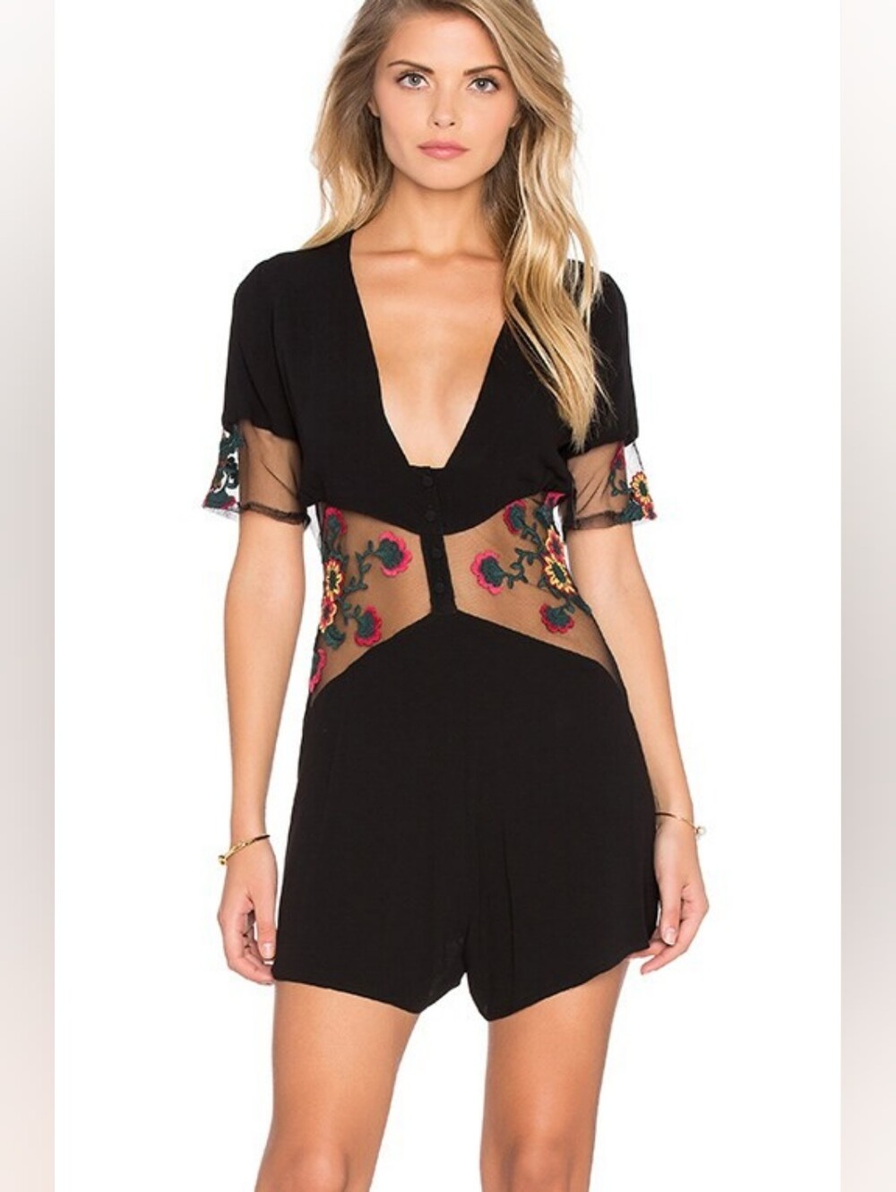NWT For Love and Lemons Elenora Romper Black Floral Mesh Flawed Small
